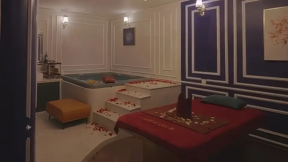 달랏 엘메이 스파 네이비 패널 벽면과 장미 꽃잎이 뿌려진 자쿠지 욕조, 마사지 베드가 배치된 엘메이 스파 로맨틱 스위트
